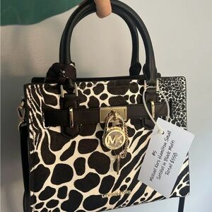 Michael Kors Black & White Animal-Print Satchel with Gold Hardware